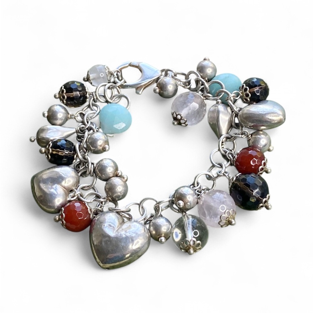 Vintage Italian Sterling Silver Multi-Gem Puffy Heart Charm Bracelet